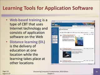 Learning Tools for Application Software
• Web-based training is a
type of CBT that uses
Internet technology and
consists of application
software on the Web
• Distance learning (DL)
is the delivery of
education at one
location while the
learning takes place at
other locations
Discovering Computers Fundamentals, 2010 Edition
Chapter 3
34
Page 131
Figure 3-37
 