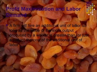 Profit Maximization and Labor
Demand
 A firm will hire an additional unit of labor so
long as the value of the extra output
produced by a worker is greater than (or just
equal to) the cost of the additional unit of
labor
 