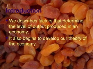 Introduction
We describes factors that determine
the level of output produced in an
economy.
It also begins to develop our theory of
the economy.
 