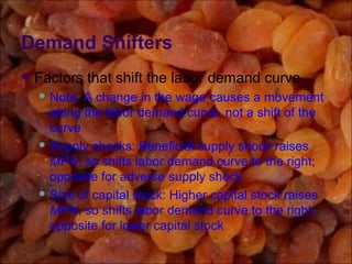 Demand Shifters
 Factors that shift the labor demand curve
 Note: A change in the wage causes a movement
along the labor demand curve, not a shift of the
curve
 Supply shocks: Beneficial supply shock raises
MPN, so shifts labor demand curve to the right;
opposite for adverse supply shock
 Size of capital stock: Higher capital stock raises
MPN, so shifts labor demand curve to the right;
opposite for lower capital stock
 