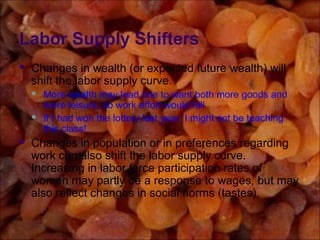 Labor Supply Shifters
 Changes in wealth (or expected future wealth) will
shift the labor supply curve.
 More wealth may lead one to want both more goods and
more leisure, so work effort would fall
 If I had won the lottery last year, I might not be teaching
this class!
 Changes in population or in preferences regarding
work can also shift the labor supply curve.
Increasing in labor force participation rates of
women may partly be a response to wages, but may
also reflect changes in social norms (tastes).
 