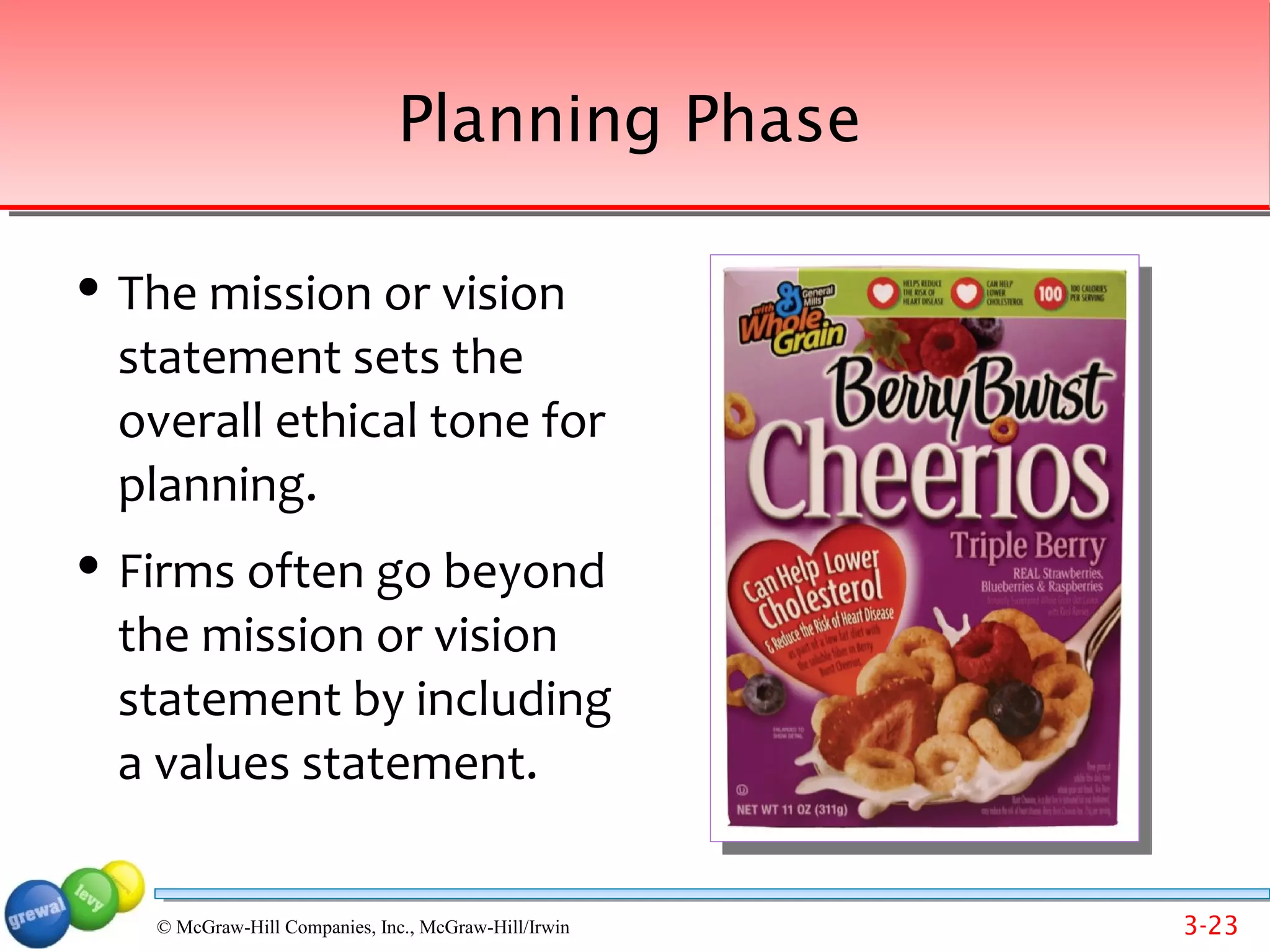 Planning Phase

   The mission or vision
    statement sets the
    overall ethical tone for
    planning.
   Firms often go beyond
    the mission or vision
    statement by including
    a values statement.


     © McGraw-Hill Companies, Inc., McGraw-Hill/Irwin   3-23
 