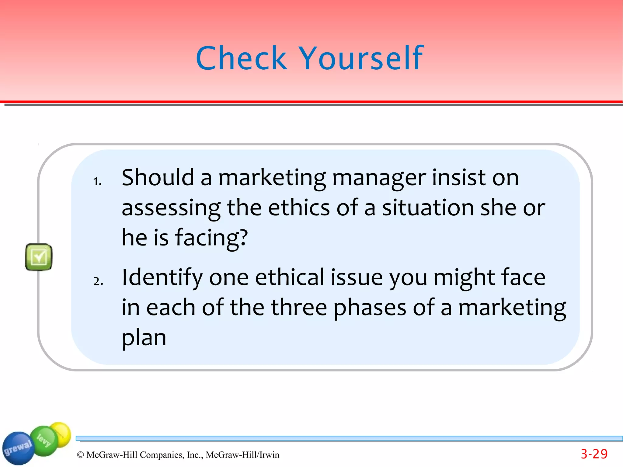 Check Yourself


   1.     Should a marketing manager insist on
          assessing the ethics of a situation she or
          he is facing?
   2.     Identify one ethical issue you might face
          in each of the three phases of a marketing
          plan



© McGraw-Hill Companies, Inc., McGraw-Hill/Irwin       3-29
 