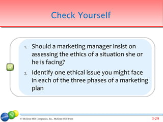 Check Yourself


   1.     Should a marketing manager insist on
          assessing the ethics of a situation she or
          he is facing?
   2.     Identify one ethical issue you might face
          in each of the three phases of a marketing
          plan



© McGraw-Hill Companies, Inc., McGraw-Hill/Irwin       3-29
 