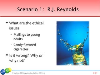 Scenario 1: R.J. Reynolds

   What are the ethical
    issues
    −    Mailings to young
         adults
    −    Candy flavored
         cigarettes
   Is it wrong? Why or
    why not?
         Back to list of scenarios

        © McGraw-Hill Companies, Inc., McGraw-Hill/Irwin   3-31
 