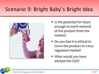 Scenario 9: Bright Baby’s Bright Idea

                                                        Is the potential for injury
                                                         enough to merit removal
                                                         of the product from the
                                                         market?
                                                        Do you feel it is ethical to
                                                         move the product to a less
                                                         regulated market?
                                                        What would you have
                                                         advised the CEO?
  Back to list of scenarios
  © McGraw-Hill Companies, Inc., McGraw-Hill/Irwin                                     3-39
 