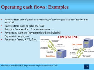 Khursheed Ahmad Bhat, HOD. Department of Hospital Administration TMU
16
Operating cash flows: Examples
• Receipts from sale of goods and rendering of services (cashing in of receivables
included)
• Receipts from taxes on sales and VAT
• Receipts from royalties, fees, commissions,…
• Payments to suppliers (payment of creditors included)
• Payments to employees
• Payments of taxes, VAT, fines, …
 