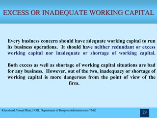 EXCESS OR INADEQUATE WORKING CAPITAL
Khursheed Ahmad Bhat, HOD. Department of Hospital Administration TMU
29
Every business concern should have adequate working capital to run
its business operations. It should have neither redundant or excess
working capital nor inadequate or shortage of working capital.
Both excess as well as shortage of working capital situations are bad
for any business. However, out of the two, inadequacy or shortage of
working capital is more dangerous from the point of view of the
firm.
 