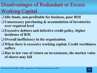 Disadvantages of Redundant or Excess
Working Capital
Khursheed Ahmad Bhat, HOD. Department of Hospital Administration TMU
30
Idle funds, non-profitable for business, poor ROI
Unnecessary purchasing & accumulation of inventories
over required level
Excessive debtors and defective credit policy, higher
incidence of B/D.
Overall inefficiency in the organization.
When there is excessive working capital, Credit worthiness
suffers
Due to low rate of return on investments, the market value
of shares may fall
 