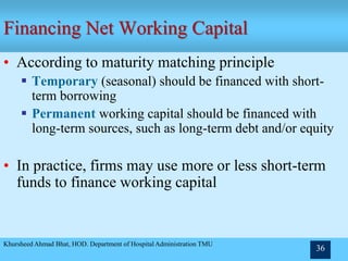 Khursheed Ahmad Bhat, HOD. Department of Hospital Administration TMU
36
Financing Net Working Capital
• According to maturity matching principle
 Temporary (seasonal) should be financed with short-
term borrowing
 Permanent working capital should be financed with
long-term sources, such as long-term debt and/or equity
• In practice, firms may use more or less short-term
funds to finance working capital
 
