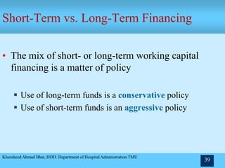 Khursheed Ahmad Bhat, HOD. Department of Hospital Administration TMU
39
Short-Term vs. Long-Term Financing
• The mix of short- or long-term working capital
financing is a matter of policy
 Use of long-term funds is a conservative policy
 Use of short-term funds is an aggressive policy
 