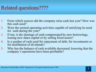 Khursheed Ahmad Bhat, HOD. Department of Hospital Administration TMU
8
Related questions????
1. From which sources did the company raise cash last year? How was
this cash used?
2. Were the normal operating activities capable of satisfying its need
for cash during the year?
3. If not, is the shortage of cash compensated by new borrowings,
issuing new share capital or by selling fixed assets?
4. Is a surplus of cash used for repayment of debt, for investments or
for distribution of dividends?
5. Why has the balance of cash available decreased, knowing that the
company’s operations have been profitable?
 