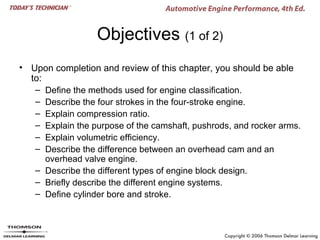 Objectives (1 of 2)
• Upon completion and review of this chapter, you should be able
  to:
   – Define the methods used for engine classification.
   – Describe the four strokes in the four-stroke engine.
   – Explain compression ratio.
   – Explain the purpose of the camshaft, pushrods, and rocker arms.
   – Explain volumetric efficiency.
   – Describe the difference between an overhead cam and an
      overhead valve engine.
   – Describe the different types of engine block design.
   – Briefly describe the different engine systems.
   – Define cylinder bore and stroke.
 