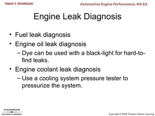 Engine Leak Diagnosis

• Fuel leak diagnosis
• Engine oil leak diagnosis
  – Dye can be used with a black-light for hard-to-
    find leaks.
• Engine coolant leak diagnosis
  – Use a cooling system pressure tester to
    pressurize the system.
 