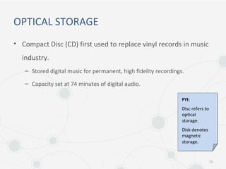 OPTICAL STORAGE
• Compact Disc (CD) first used to replace vinyl records in music
industry.
– Stored digital music for permanent, high fidelity recordings.
– Capacity set at 74 minutes of digital audio.
13
FYI:
Disc refers to
optical
storage.
Disk denotes
magnetic
storage.
 