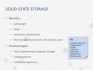 SOLID-STATE STORAGE
• Benefits:
– Lightweight
– Small
– Low power requirements
– More durable than devices with movable parts
• Disadvantages:
– More expensive than magnetic storage
– Limited capacity
– Limited life expectancy
19
FYI:
Labels for solid state
storage devices
include:
•USB drive
•Flash drive
•Thumb drive
•Memory stick
 