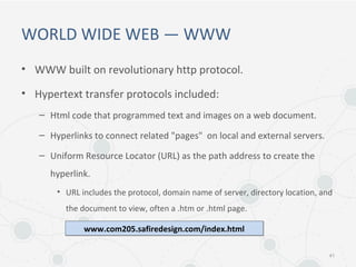 WORLD WIDE WEB — WWW
• WWW built on revolutionary http protocol.
• Hypertext transfer protocols included:
– Html code that programmed text and images on a web document.
– Hyperlinks to connect related "pages" on local and external servers.
– Uniform Resource Locator (URL) as the path address to create the
hyperlink.
• URL includes the protocol, domain name of server, directory location, and
the document to view, often a .htm or .html page.
41
www.com205.safiredesign.com/index.htmlwww.com205.safiredesign.com/index.html
 