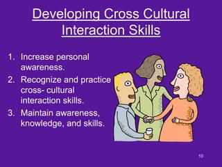 Developing Cross Cultural
         Interaction Skills
1. Increase personal
   awareness.
2. Recognize and practice
   cros...