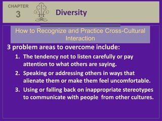 CHAPTER

  3              Diversity

  How to Recognize and Practice Cross-Cultural
                  Interaction
3 proble...