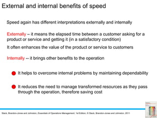 Slack, Brandon-Jones and Johnston, Essentials of Operations Management, 1st Edition, © Slack, Brandon-Jones and Johnston, 2011
Speed again has different interpretations externally and internally
Externally – it means the elapsed time between a customer asking for a
product or service and getting it (in a satisfactory condition)
It often enhances the value of the product or service to customers
Internally -- it brings other benefits to the operation
It helps to overcome internal problems by maintaining dependability
It reduces the need to manage transformed resources as they pass
through the operation, therefore saving cost
External and internal benefits of speed
 