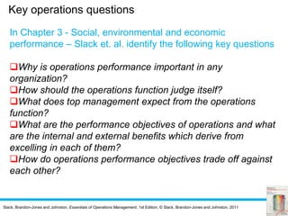 Slack, Brandon-Jones and Johnston, Essentials of Operations Management, 1st Edition, © Slack, Brandon-Jones and Johnston, 2011
In Chapter 3 - Social, environmental and economic
performance – Slack et. al. identify the following key questions
Why is operations performance important in any
organization?
How should the operations function judge itself?
What does top management expect from the operations
function?
What are the performance objectives of operations and what
are the internal and external benefits which derive from
excelling in each of them?
How do operations performance objectives trade off against
each other?
Key operations questions
 