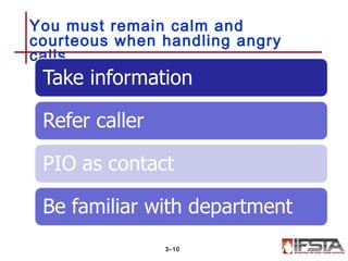 You must remain calm and
courteous when handling angry
calls.
3–10
 
