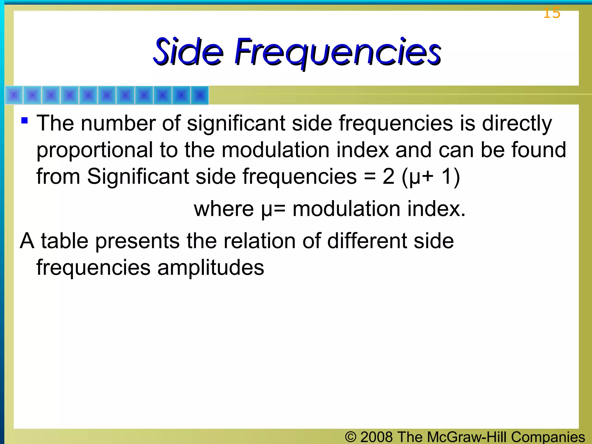 © 2008 The McGraw-Hill Companies
15
Side FrequenciesSide Frequencies
 The number of significant side frequencies is directly
proportional to the modulation index and can be found
from Significant side frequencies = 2 (μ+ 1)
where μ= modulation index.
A table presents the relation of different side
frequencies amplitudes
 