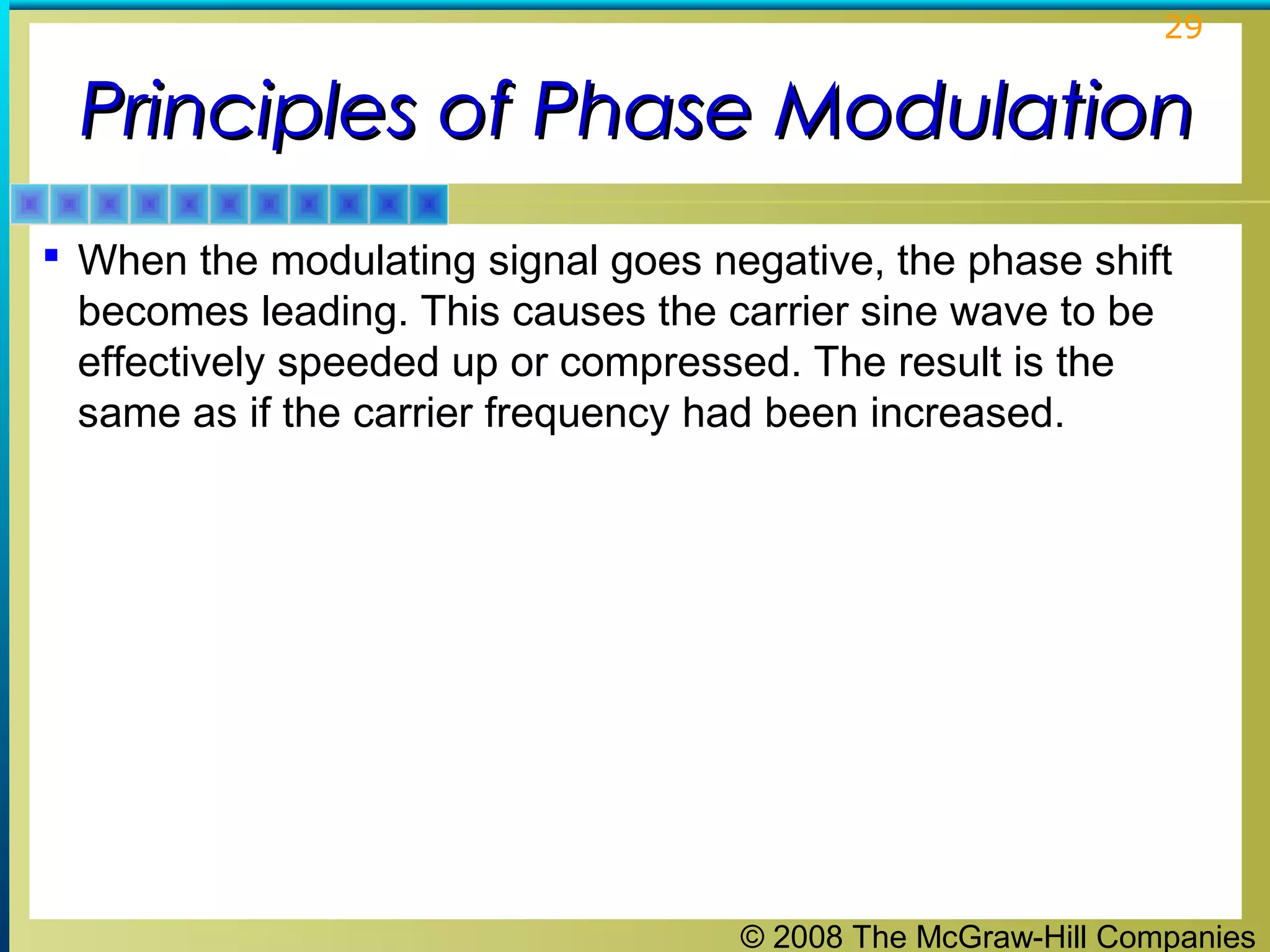 © 2008 The McGraw-Hill Companies
29
Principles of Phase ModulationPrinciples of Phase Modulation
 When the modulating signal goes negative, the phase shift
becomes leading. This causes the carrier sine wave to be
effectively speeded up or compressed. The result is the
same as if the carrier frequency had been increased.
 