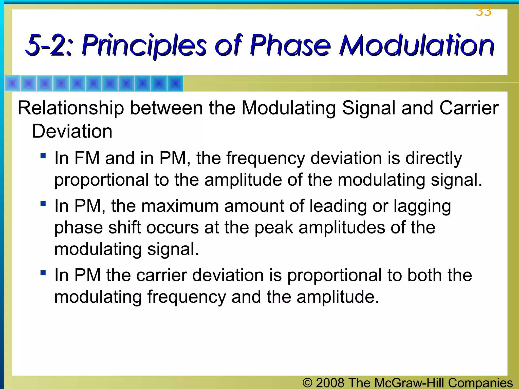 © 2008 The McGraw-Hill Companies
33
5-2: Principles of Phase Modulation5-2: Principles of Phase Modulation
Relationship between the Modulating Signal and Carrier
Deviation
 In FM and in PM, the frequency deviation is directly
proportional to the amplitude of the modulating signal.
 In PM, the maximum amount of leading or lagging
phase shift occurs at the peak amplitudes of the
modulating signal.
 In PM the carrier deviation is proportional to both the
modulating frequency and the amplitude.
 