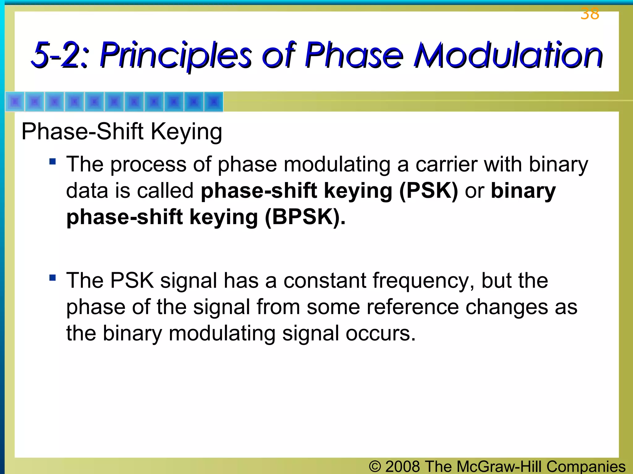 © 2008 The McGraw-Hill Companies
38
5-2: Principles of Phase Modulation5-2: Principles of Phase Modulation
Phase-Shift Keying
 The process of phase modulating a carrier with binary
data is called phase-shift keying (PSK) or binary
phase-shift keying (BPSK).
 The PSK signal has a constant frequency, but the
phase of the signal from some reference changes as
the binary modulating signal occurs.
 