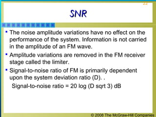 © 2008 The McGraw-Hill Companies
22
SNRSNR
 The noise amplitude variations have no effect on the
performance of the system. Information is not carried
in the amplitude of an FM wave.
 Amplitude variations are removed in the FM receiver
stage called the limiter.
 Signal-to-noise ratio of FM is primarily dependent
upon the system deviation ratio (D). .
Signal-to-noise ratio = 20 log (D sqrt 3) dB
 