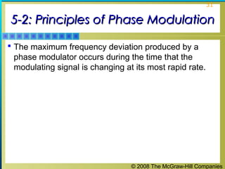 © 2008 The McGraw-Hill Companies
31
5-2: Principles of Phase Modulation5-2: Principles of Phase Modulation
 The maximum frequency deviation produced by a
phase modulator occurs during the time that the
modulating signal is changing at its most rapid rate.
 