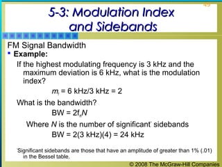 © 2008 The McGraw-Hill Companies
49
5-3: Modulation Index5-3: Modulation Index
and Sidebandsand Sidebands
FM Signal Bandwidth
 Example:
If the highest modulating frequency is 3 kHz and the
maximum deviation is 6 kHz, what is the modulation
index?
mf = 6 kHz/3 kHz = 2
What is the bandwidth?
BW = 2fmN
Where N is the number of significant*
sidebands
BW = 2(3 kHz)(4) = 24 kHz
*
Significant sidebands are those that have an amplitude of greater than 1% (.01)
in the Bessel table.
 