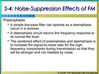 © 2008 The McGraw-Hill Companies
55
5-4: Noise-Suppression Effects of FM5-4: Noise-Suppression Effects of FM
Preemphasis
 A simple low-pass filter can operate as a deemphasis
circuit in a receiver.
 A deemphasis circuit returns the frequency response to
its normal flat level.
 The combined effect of preemphasis and deemphasis is
to increase the signal-to-noise ratio for the high-
frequency components during transmission so that they
will be stronger and not masked by noise.
 