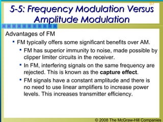 © 2008 The McGraw-Hill Companies
57
5-5: Frequency Modulation Versus5-5: Frequency Modulation Versus
Amplitude ModulationAmplitude Modulation
Advantages of FM
 FM typically offers some significant benefits over AM.
 FM has superior immunity to noise, made possible by
clipper limiter circuits in the receiver.
 In FM, interfering signals on the same frequency are
rejected. This is known as the capture effect.
 FM signals have a constant amplitude and there is
no need to use linear amplifiers to increase power
levels. This increases transmitter efficiency.
 