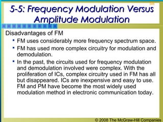 © 2008 The McGraw-Hill Companies
58
5-5: Frequency Modulation Versus5-5: Frequency Modulation Versus
Amplitude ModulationAmplitude Modulation
Disadvantages of FM
 FM uses considerably more frequency spectrum space.
 FM has used more complex circuitry for modulation and
demodulation.
 In the past, the circuits used for frequency modulation
and demodulation involved were complex. With the
proliferation of ICs, complex circuitry used in FM has all
but disappeared. ICs are inexpensive and easy to use.
FM and PM have become the most widely used
modulation method in electronic communication today.
 