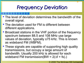 © 2008 The McGraw-Hill Companies
8
Frequency DeviationFrequency Deviation
 The level of deviation determines the bandwidth of the
overall signal.
 The deviation used for FM is different between
different applications.
 Broadcast stations in the VHF portion of the frequency
spectrum between 88.5 and 108 MHz use large
values of deviation, typically ±75 kHz. This is known
as wideband FM (WBFM).
 These signals are capable of supporting high quality
transmissions, but occupy a large amount of
bandwidth. Usually 200 kHz is allowed for each
wideband FM transmission(BW = 2(∆f + fs).)
 