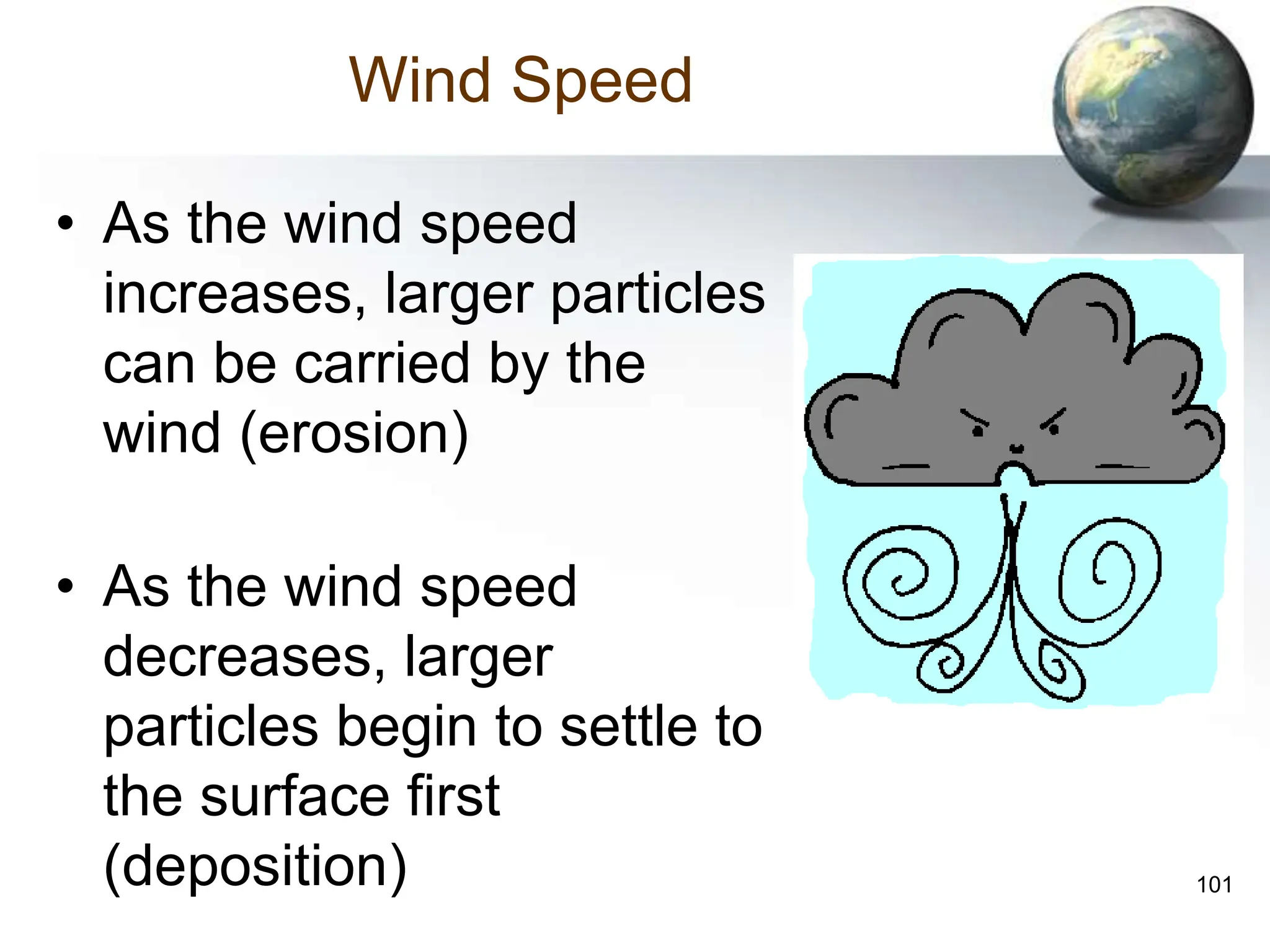 101
Wind Speed
• As the wind speed
increases, larger particles
can be carried by the
wind (erosion)
• As the wind speed
decreases, larger
particles begin to settle to
the surface first
(deposition)
 