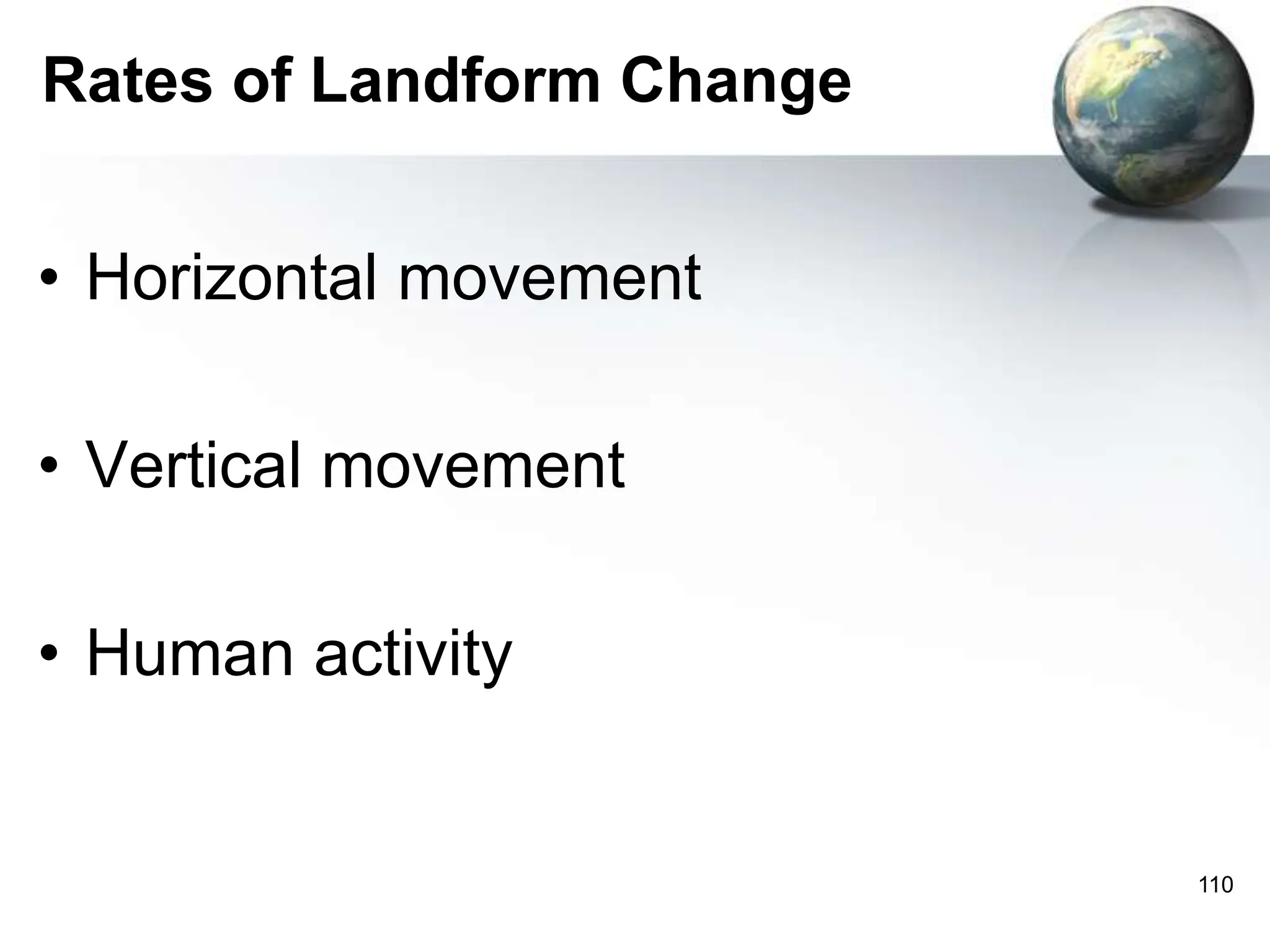 110
Rates of Landform Change
• Horizontal movement
• Vertical movement
• Human activity
 