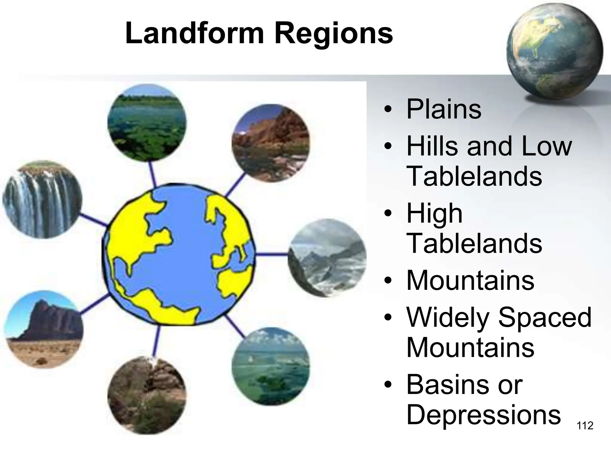 112
Landform Regions
• Plains
• Hills and Low
Tablelands
• High
Tablelands
• Mountains
• Widely Spaced
Mountains
• Basins or
Depressions
 