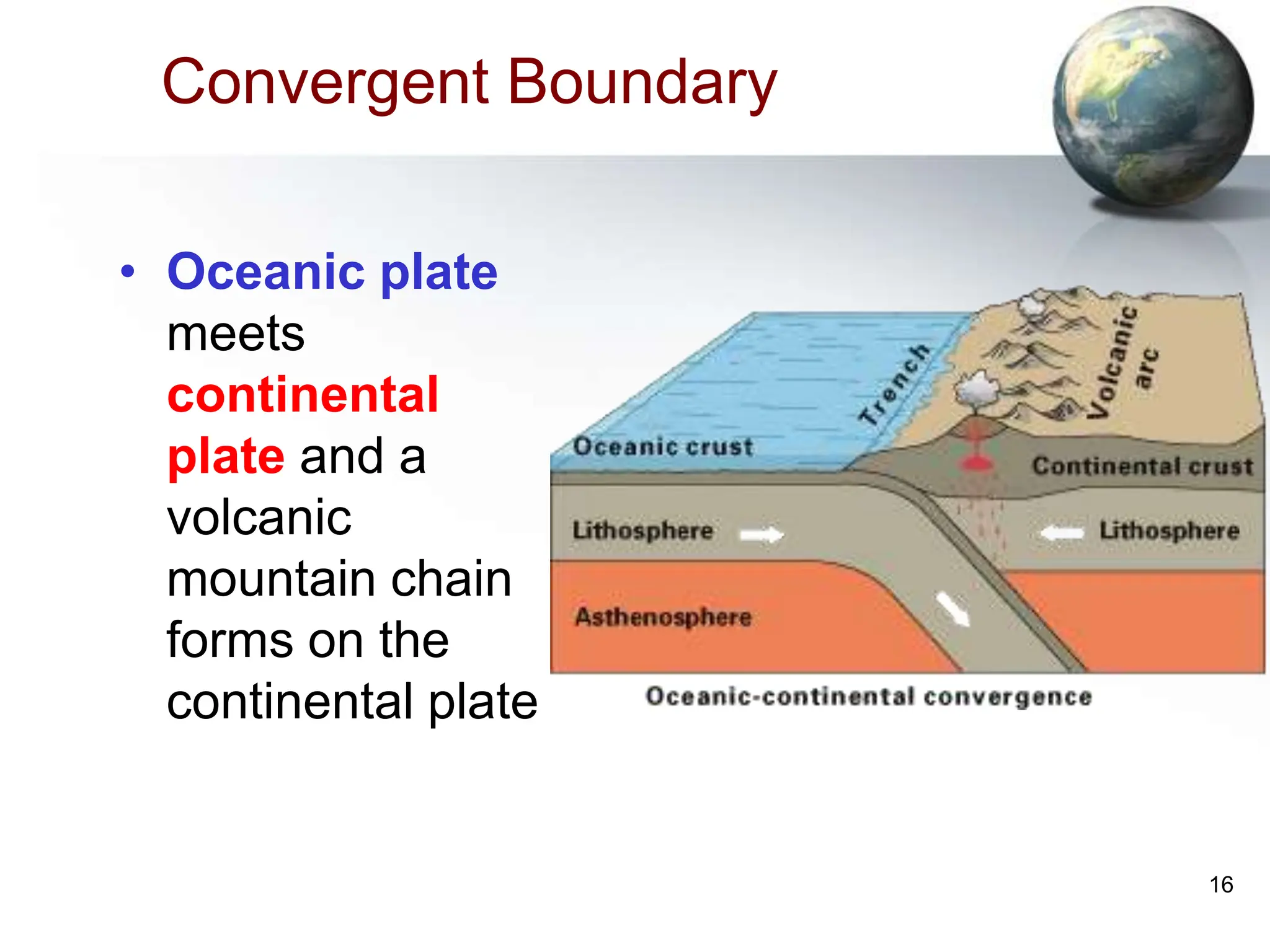 16
Convergent Boundary
• Oceanic plate
meets
continental
plate and a
volcanic
mountain chain
forms on the
continental plate
 
