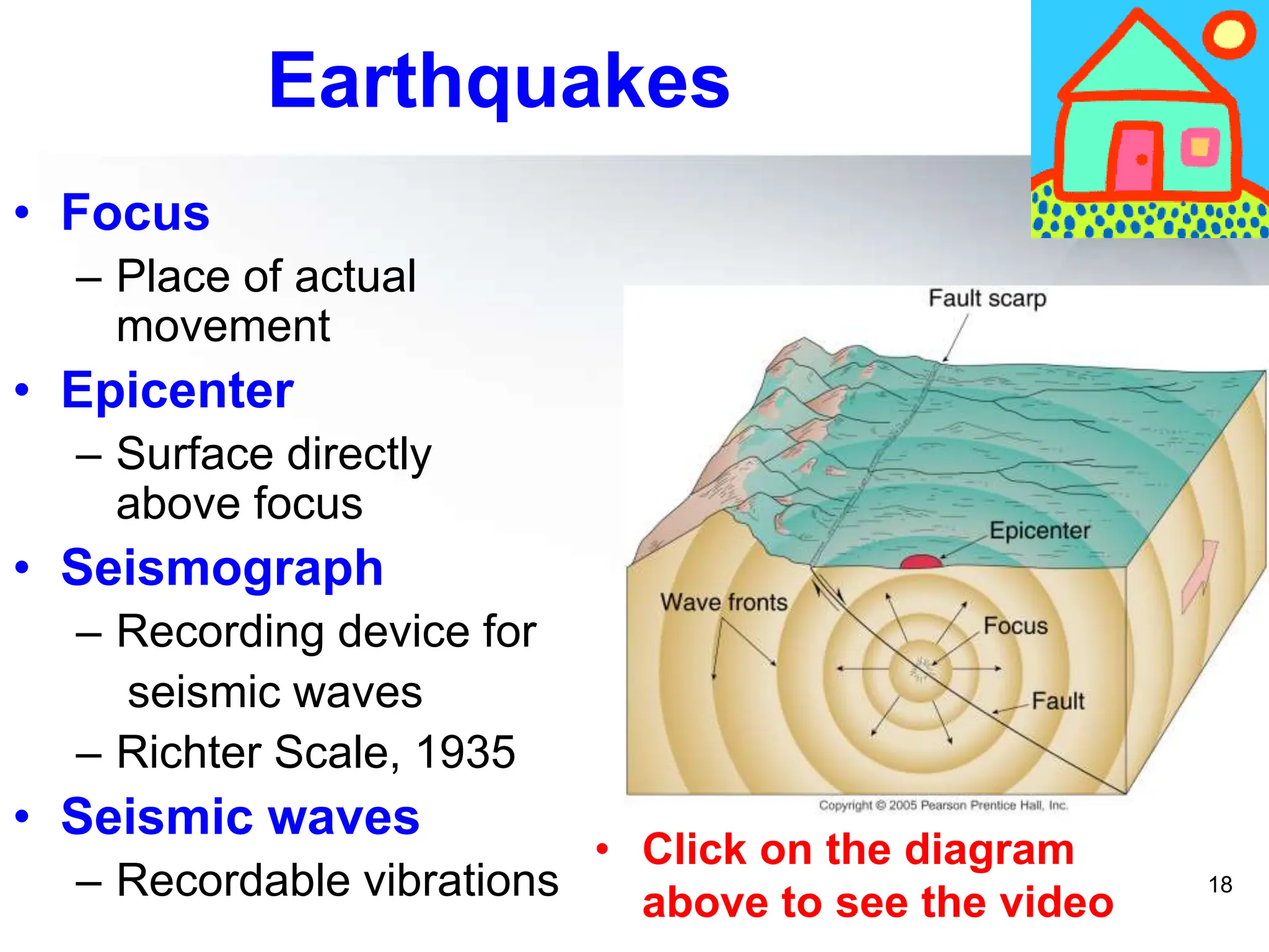 18
Earthquakes
• Focus
– Place of actual
movement
• Epicenter
– Surface directly
above focus
• Seismograph
– Recording device for
seismic waves
– Richter Scale, 1935
• Seismic waves
– Recordable vibrations
• Click on the diagram
above to see the video
 