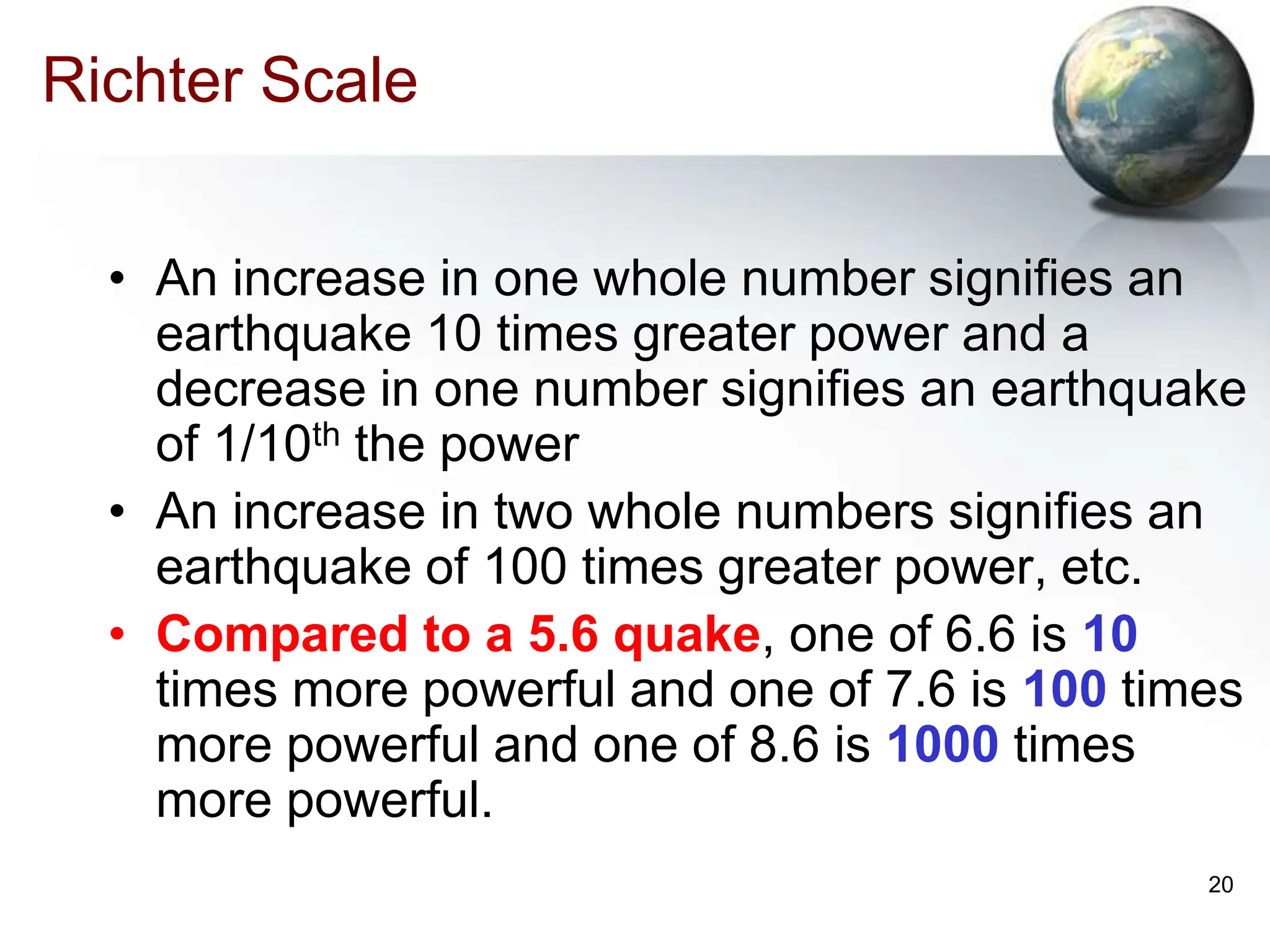 20
Richter Scale
• An increase in one whole number signifies an
earthquake 10 times greater power and a
decrease in one number signifies an earthquake
of 1/10th the power
• An increase in two whole numbers signifies an
earthquake of 100 times greater power, etc.
• Compared to a 5.6 quake, one of 6.6 is 10
times more powerful and one of 7.6 is 100 times
more powerful and one of 8.6 is 1000 times
more powerful.
 