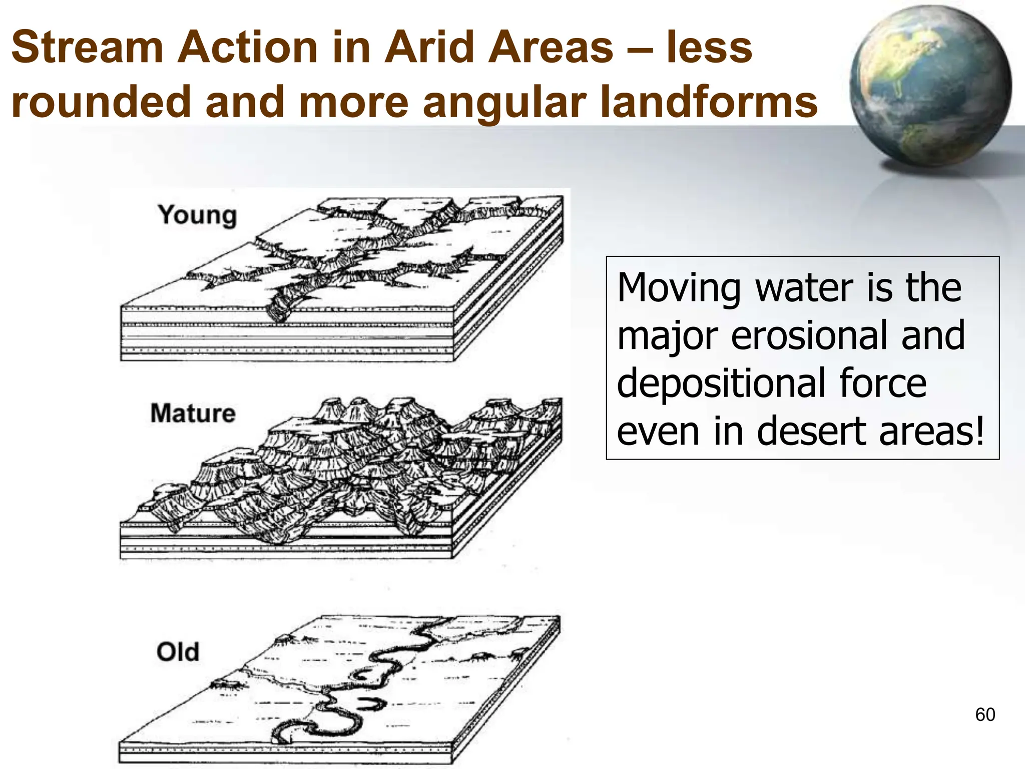 60
Stream Action in Arid Areas – less
rounded and more angular landforms
Moving water is the
major erosional and
depositional force
even in desert areas!
 