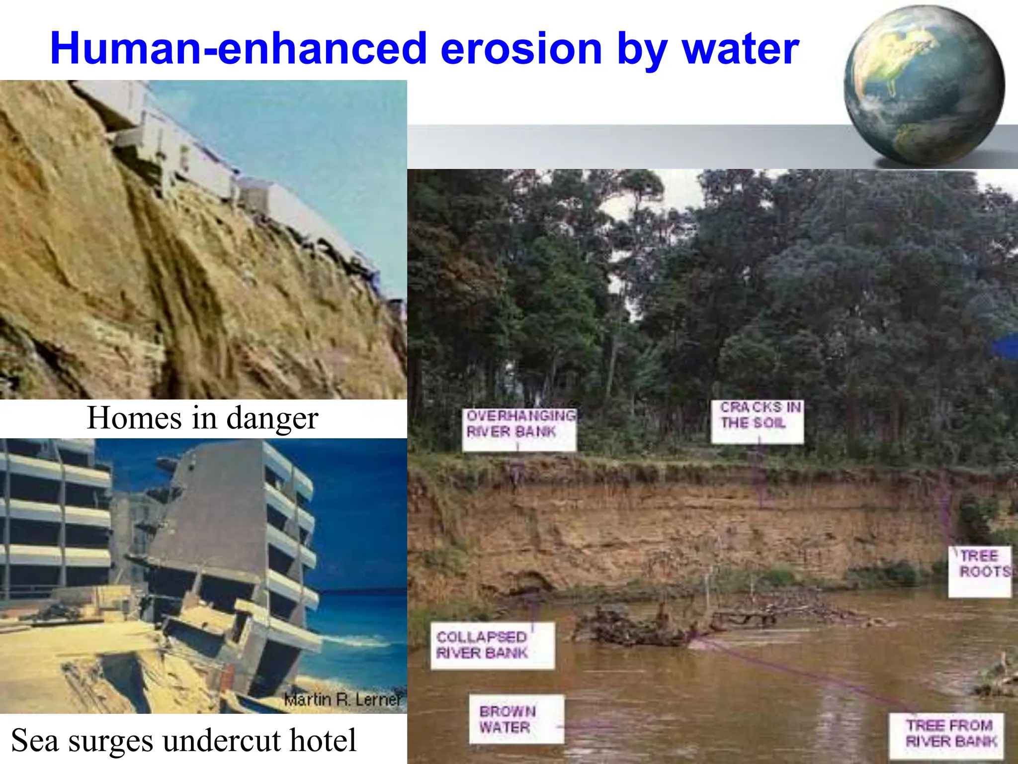 70
Human-enhanced erosion by water
Homes in danger
Sea surges undercut hotel
 