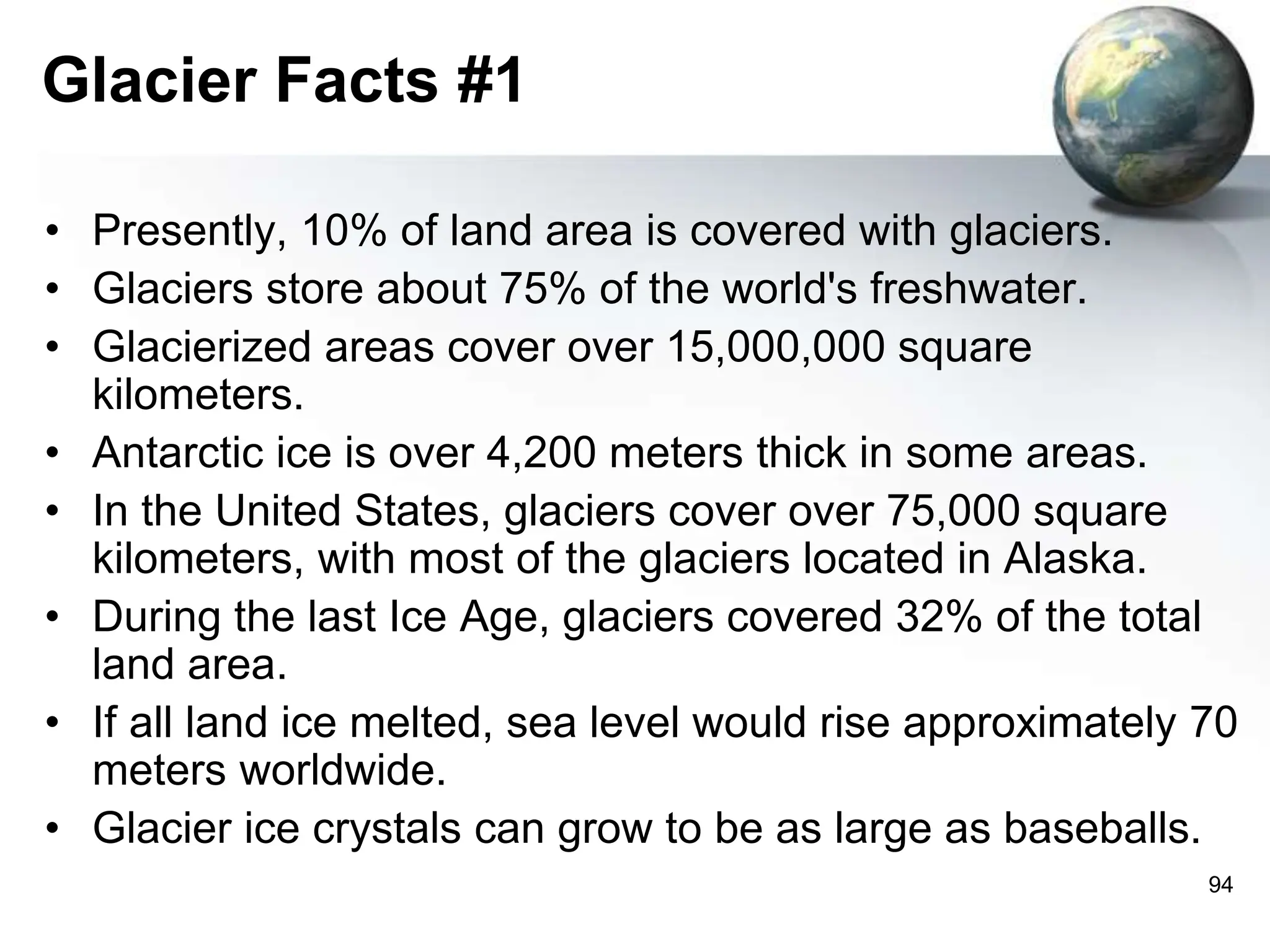 94
Glacier Facts #1
• Presently, 10% of land area is covered with glaciers.
• Glaciers store about 75% of the world's freshwater.
• Glacierized areas cover over 15,000,000 square
kilometers.
• Antarctic ice is over 4,200 meters thick in some areas.
• In the United States, glaciers cover over 75,000 square
kilometers, with most of the glaciers located in Alaska.
• During the last Ice Age, glaciers covered 32% of the total
land area.
• If all land ice melted, sea level would rise approximately 70
meters worldwide.
• Glacier ice crystals can grow to be as large as baseballs.
 