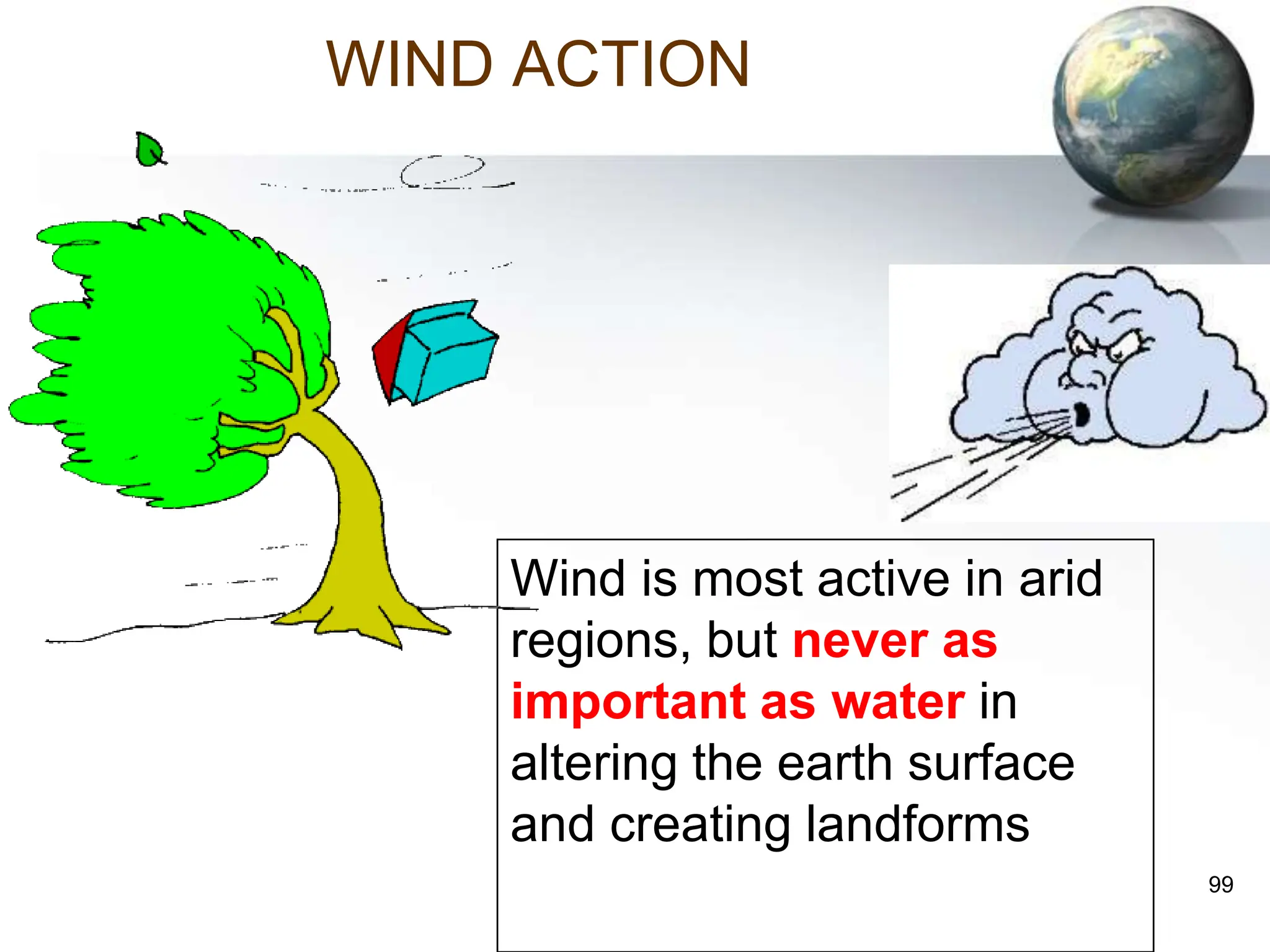 99
WIND ACTION
Wind is most active in arid
regions, but never as
important as water in
altering the earth surface
and creating landforms
 