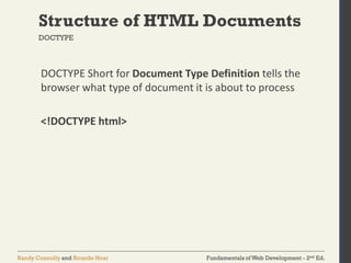 Fundamentals of Web Development - 2nd Ed.Randy Connolly and Ricardo Hoar
Structure of HTML Documents
DOCTYPE Short for Document Type Definition tells the
browser what type of document it is about to process
<!DOCTYPE html>
DOCTYPE
 