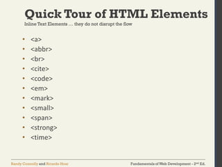 Fundamentals of Web Development - 2nd Ed.Randy Connolly and Ricardo Hoar
Quick Tour of HTML Elements
Inline Text Elements … they do not disrupt the flow
• <a>
• <abbr>
• <br>
• <cite>
• <code>
• <em>
• <mark>
• <small>
• <span>
• <strong>
• <time>
 