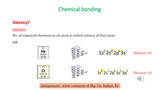Chemical bonding
Valency?
Definition
No. of unpaired electrons in an atom is called valency of that atom
e.g.
Valency= 01
Valency= 01
Assignment:- write valencies of Mg, Ca, Iodine, Xe
 